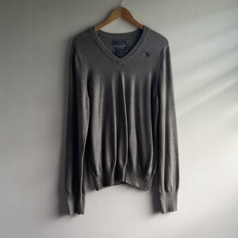 Abercrombie & Fitch V-Neck Cotton Wool Sweater Mens XL Gray Preppy Minimalist